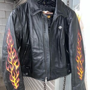 Harley-Davidson Black Leather Jacket with Red and Yellow Flames